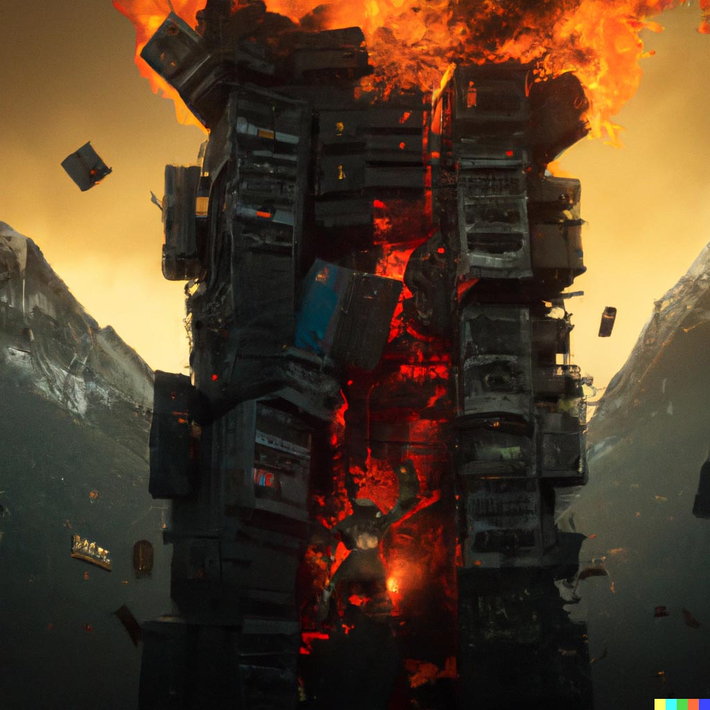 Prometheus stealing fire from a mountain, the mountain is made of piles of computers, hard drives and data servers, artstation
